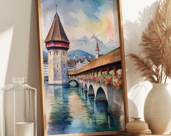 Lucerne Switzerland Watercolor Print: Chapel Bridge, Swiss Landmark Art