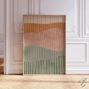 Arte abstracto en tonos terrosos, decoración de pared con paisaje minimalista, impresión de estilo bohemio moderno, obra de arte geométrica neutra, póster verde y marrón MIN16