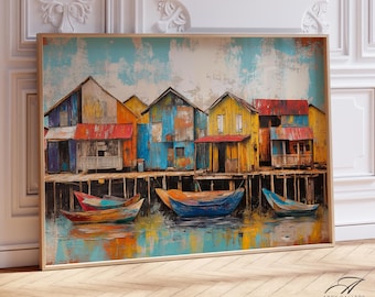Colorful Waterfront Houses Art Print: Rustic Coastal Home Decor