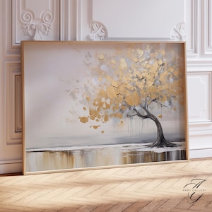 Abstract yellow Leaf Tree Art Print, Elegant Botanical Wall Art, Modern tree Decor, Tree Painting Print, beige and Grey Tree Artwork, FLOR13