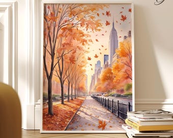 Watercolor New York Autumn Art Print: Empire State Building Cityscape