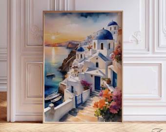 Impresión de acuarela de Santorini, Grecia, cúpulas azules, arte mural costero