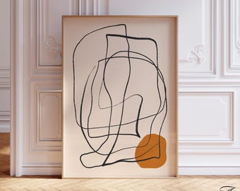 Abstract Line Art Print: Beige, Black & Orange, Modern Minimalist Decor MIN10