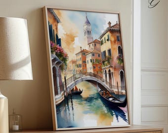 Impression d'art aquarelle canal de Venise : affiche de voyage gondole italienne