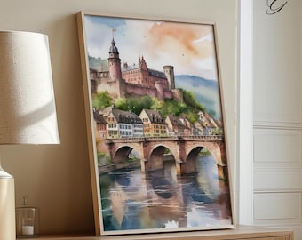 ハイデルベルクの絵画、ドイツ 水彩画、ヨーロッパの城の壁アート