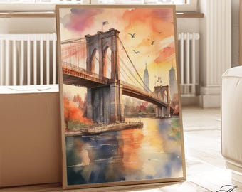 Impresión artística en acuarela del puente de Brooklyn: horizonte de Nueva York al atardecer