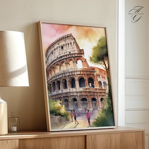 Rome Colosseum Art Print, Watercolor Rome Decor, Italian Landmark Wall Art, Roman Colosseum Poster, Sunset Travel Print, Italy Decor, CIT28