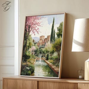 Alhambra Granada Print, Watercolor Spanish Landmark Art, Scenic Alhambra Wall Art, Historic Spain Poster, Andalusian Garden Decor, WT55