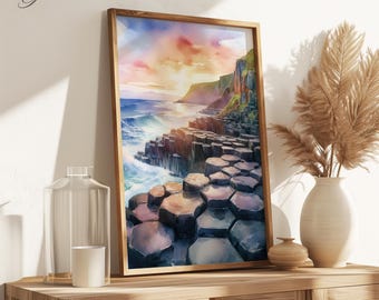Giant's Causeway Art Print, Irish Coastal Landscape Wall Art, Sunrise Watercolor Poster, Northern Ireland Travel Decor, Ireland Gift, CIT59