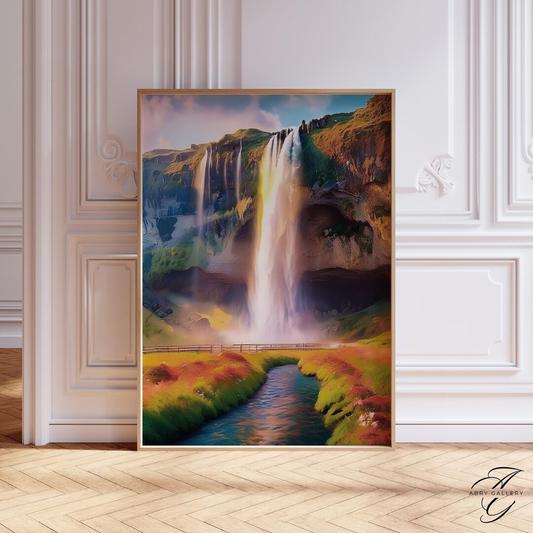 Seljalandsfoss Waterfall Sunset Print, Iceland Landscape Watercolor Art ...