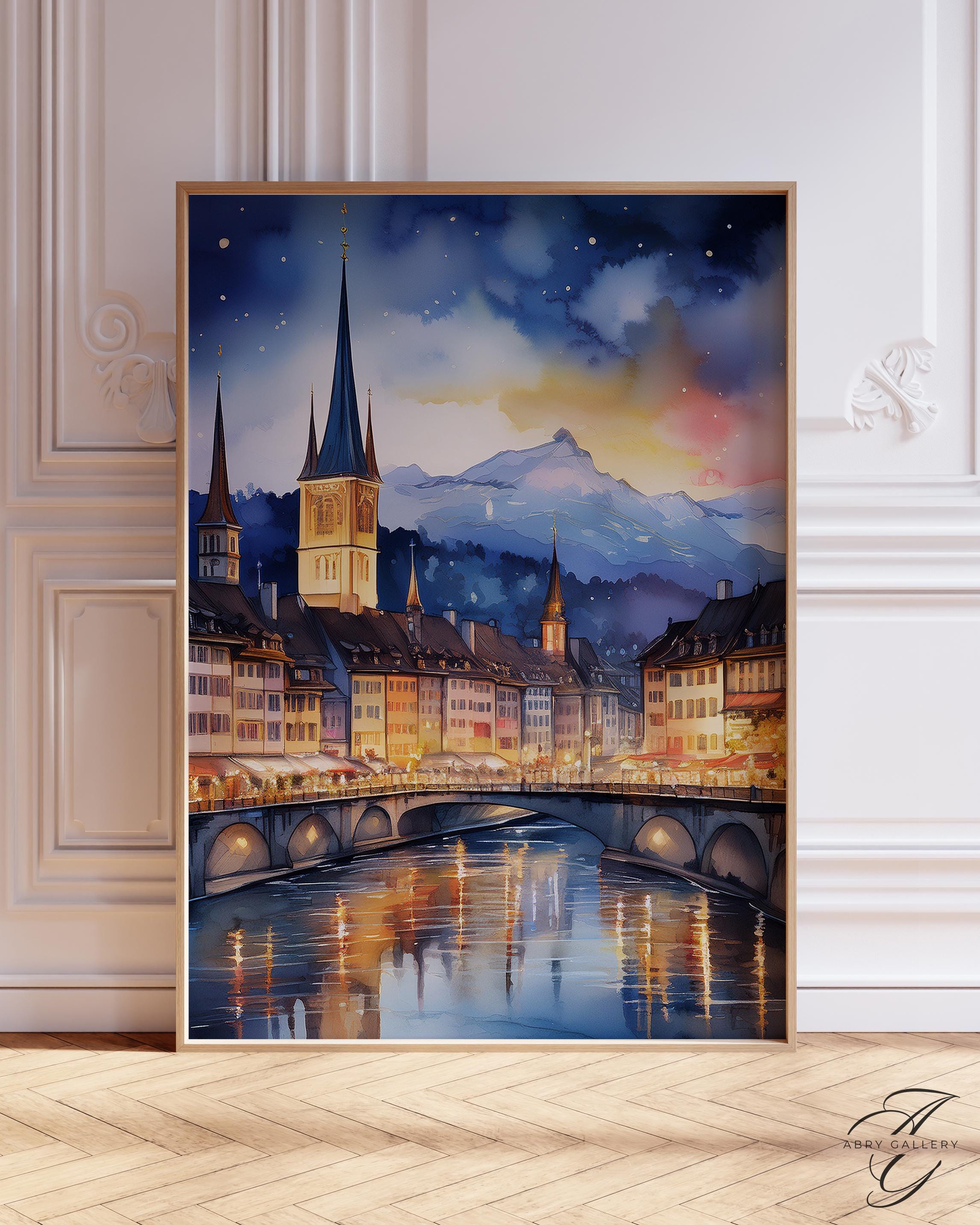 ベルン スイス 夜景 水彩画 プリント：ヨーロッパ旅行ポスター - Etsy 日本