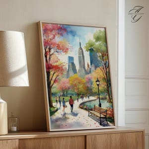 Arte otoñal de Central Park, impresión del horizonte de la ciudad de Nueva York, decoración de pared con follaje otoñal, póster de viaje a Nueva York, paisaje de acuarela vibrante de EE.UU. UU. CIT72