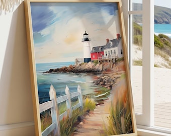 Cape Cod Lighthouse Print: Coastal Seascape Painting, Nautical Wall Art