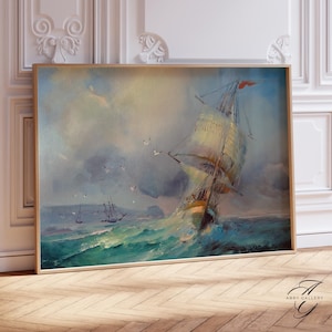 Vintage Sailing Ship Painting, Nautical Wall Art, Historic Tall Ship Poster, Maritime Ocean Decor, blue vintage ocean wall art print, PAI25