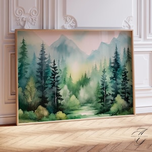 Nature Forest Landscape Print, Misty Forest Wall Art, Green Mountain Decor, Woodland Print, Tree Art Poster, Watercolor Wall Print, BOS15