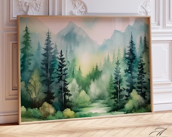 Misty Forest Watercolor Print: Green Mountain Landscape Wall Art