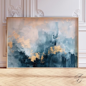 Abstract metal wall art, Blue and Gold Abstract Wall Art Print, blue Geometric Canvas, abstract art painting blue for Living Room, ABS5