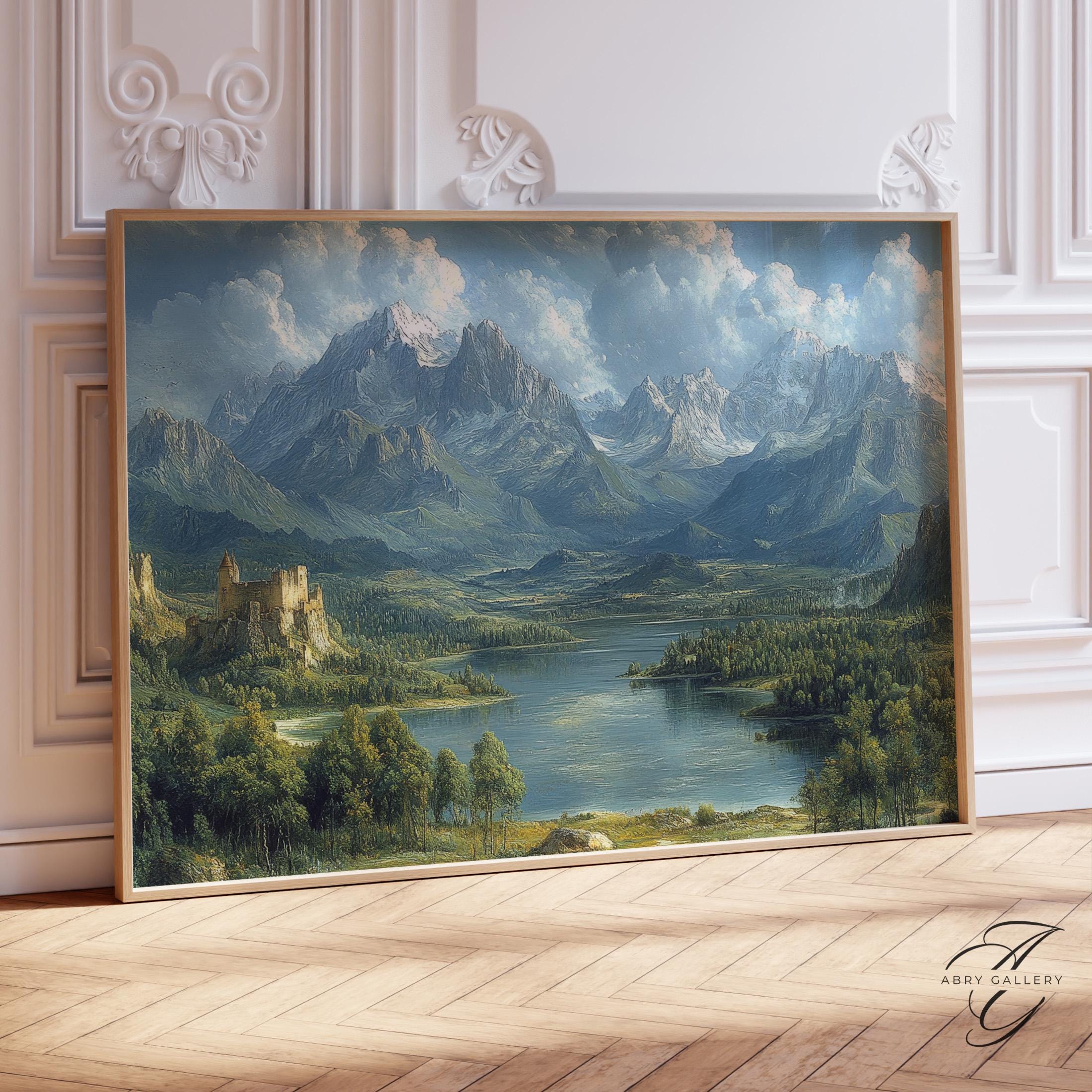 ヴィンテージマウンテンレイクアートプリント：風光明媚な城の風景