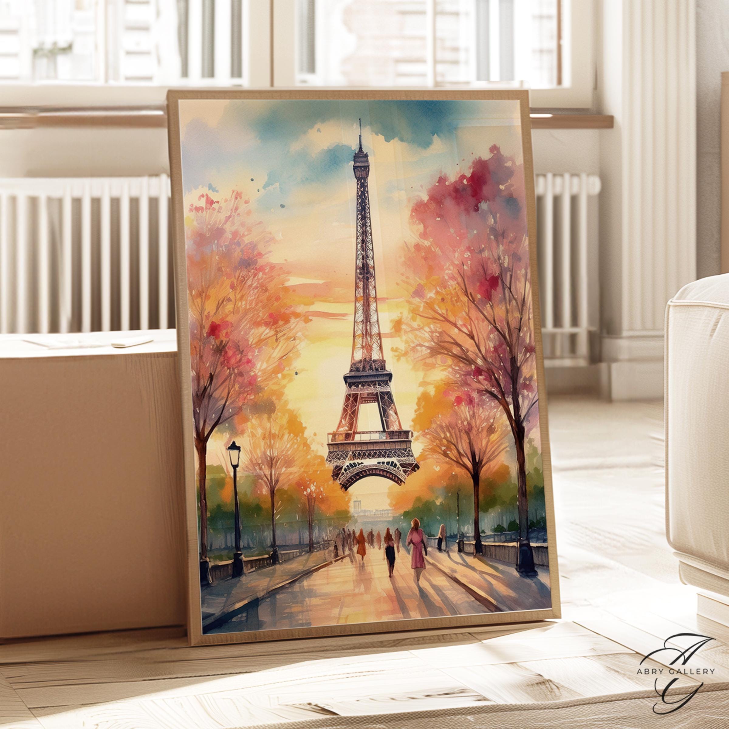 エッフェル塔のアートプリント：秋のパリの水彩画の街並み - Etsy 日本