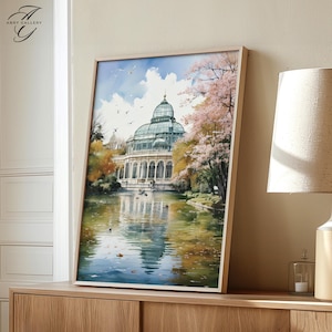 Impresión del parque del Retiro en Madrid, arte de acuarela del Palacio de Cristal, arte mural de paisaje español, decoración natural de Madrid, póster de otoño en España, WT57