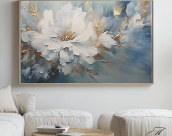 Elegant White Floral Wall Art Print, Abstract Gold Blue Flower Painting, Modern Botanical Artwork for Living Room, Bedroom Home Decor flor04