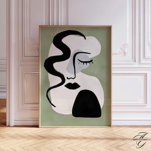 Arte mural abstracto de rostro femenino, retrato minimalista de mujer, dibujo lineal moderno, impresión artística en blanco y negro, impresión de dama verde, MIN24