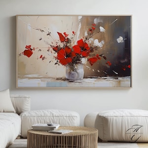 Impression d&#39;art murale florale rouge moderne - Coquelicots abstraits dans un vase - Peinture à l&#39;huile botanique audacieuse pour décoration d&#39;intérieur, salon, chambre à coucher