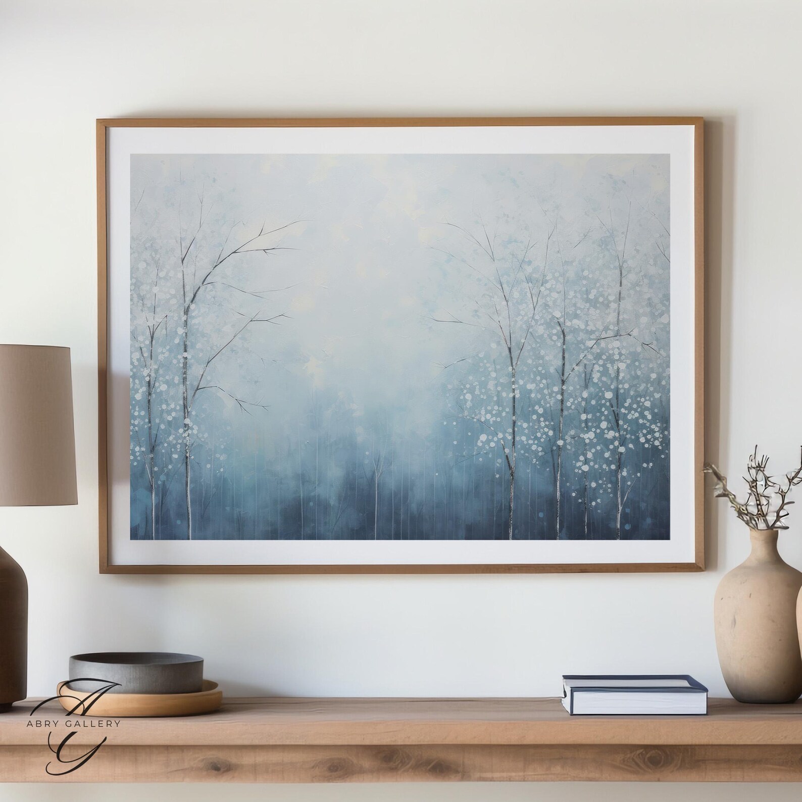 Curated visual reference: Fresh Look at Winter Forest Print Blue Snowy Trees Wall Art Minimalist Winter