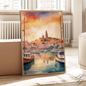 Marseille Old Port Art Print, Watercolor Sunset Harbor, French Riviera Wall Art, Coastal France Decor, Mediterranean Poster blue coast, WT85