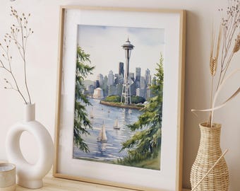 Seattle Space Needle Watercolor Print: Pacific Northwest Skyline Art