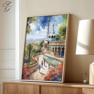 Barcelona Park Güell Art Print, Watercolor spain Wall Art, Spanish Landscape Decor, Gaudí Architecture Poster, Barcelona Wall Art, WT52