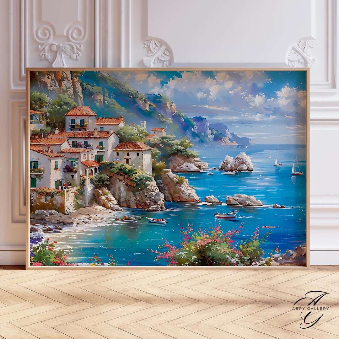 Mediterranean Village Art Print: Coastal Seaside Landscape - Etsy