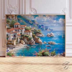 Impression d'art village côtier méditerranéen - superbe art mural bord de mer, affiche colorée de paysage d'Espagne, cadeau parfait pour les amateurs d'art, PAI1