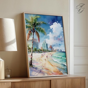 Lámina artística de Miami Beach, póster costero de Florida, acuarela tropical, arte mural con vista al mar, decoración de palmeras de EE. UU., arte de South Beach CIT90