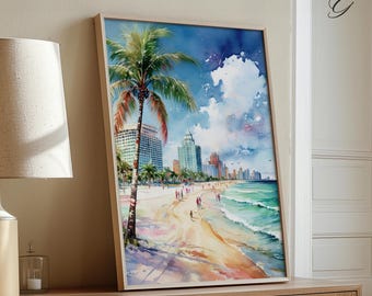 Miami Beach Watercolor Print: Tropical Palm Trees, Coastal Decor, Florida Art