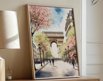 Paris Arc de Triomphe Watercolor Art Print: Champs-Élysées Cityscape