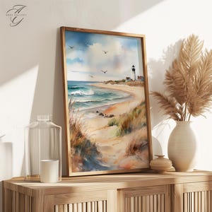 Impression d'art de la plage de Cape Cod, scène côtière du Massachusetts, affiche aquarelle phare du rivage, cadeau pour les amoureux de l'océan, paysage de bord de mer aux États-Unis, CIT70