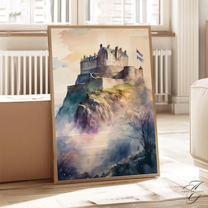 Edinburgh Castle Art Print, Scotland Watercolor Decor, Historic Castle Wall Art, Scottish Landmark Print, Misty Landscape Art, UK art, WT62