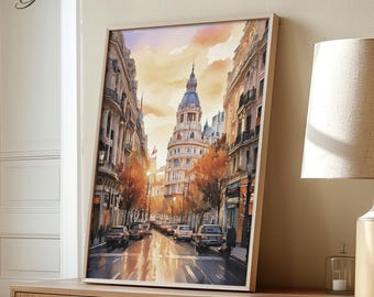 Impresión en acuarela de la Gran Vía de Madrid: arte otoñal del paisaje urbano español