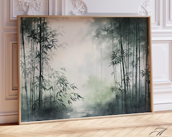 Tranquil Bamboo Forest Art Print, Misty Zen Wall Decor, Serene Green Nature Painting, Asian Botanical Artwork, Calm Bamboo wall art, FLOR22