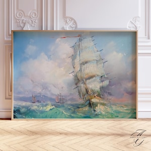 Lámina artística de velero vintage, arte mural náutico oceánico, decoración costera para casa de playa, lámina de pintura de velero alto, paisaje marino, PAI30