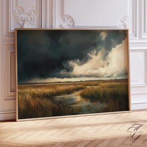 Stormy Marshland Landscape Print, Dramatic Sky Art, Dark Nature Wall Art, Moody Storm Scene, Marshland Decor, storm sky wall Art, PAI13