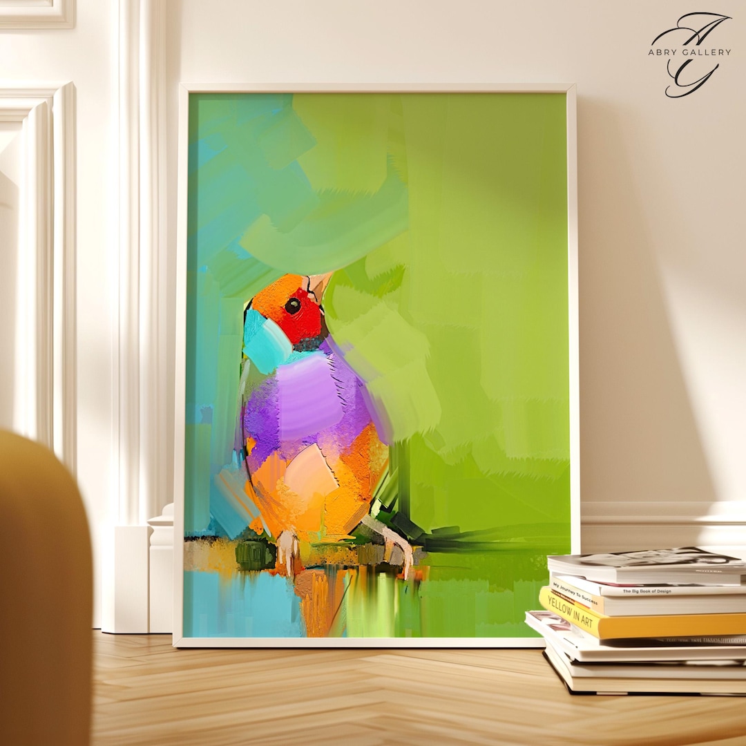 Rainbow Bird Art Print, Colorful Abstract Bird Painting, Green ...