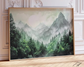 Misty Forest Watercolor Print: Green Mountain Landscape Wall Art