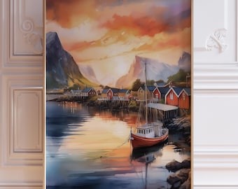 Lofoten Islands Sunset Print: Nordic Coastal Watercolor Norway Art