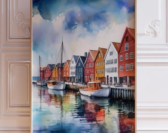 Bergen Norway Watercolor Print: Scandinavian Coastal Harbor Art