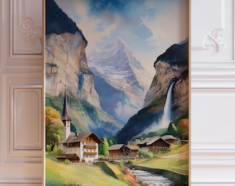 Aquarelprint Lauterbrunnen, Zwitserland: Zwitserse Alpen, Staubbach-waterval