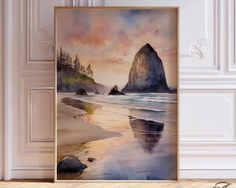 Arte mural de Cannon Beach, impresión costera de Oregón, póster decorativo de atardecer en el océano de EE. UU.