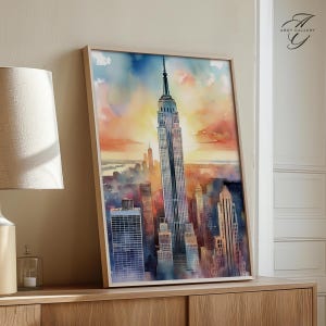 Empire State Building Art, New York City Skyline Print, NYC Architecture Poster, Manhattan Wall Decor, USA Watercolor Art Skyscraper, CIT82