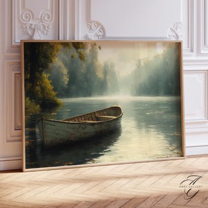 Impresión de arte de pared con un barco sereno en el río, póster de naturaleza pacífica, paisaje de barco vintage, arte de pared de río, estilo acuarela, decoración de barco, PAI18